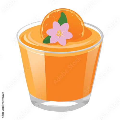 Refreshing orange jelly dessert in a glass decorated with citrus slice and small flower for cafe menu - Vector Illustration
