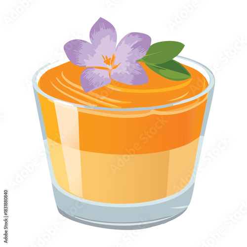Delicious orange pudding dessert with purple flower garnish served in a glass for sweet snack menu design - Vector Illustration