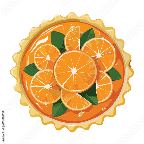 Sweet orange tart cake with fresh citrus slices and mint for bakery shop menu and dessert lover design - Vector Illustration