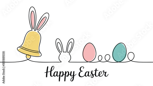 Whimsical easter greeting with a bell bunny ears and colorful eggs in a continuous line art style