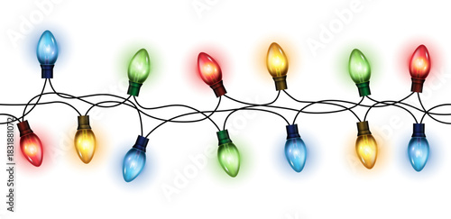 Seamless colorful christmas lights on chain pattern on transparent background