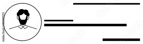Black-and-white user avatar with beard in a circle and horizontal lines denoting text placeholders. Ideal for UI, user profiles, data visualization, web design, contact information, professional