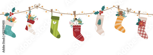 Christmas vector horizontal seamless garland with socks, lights, gifts and candies. Perfect for holiday decorating websites, cards, and banners