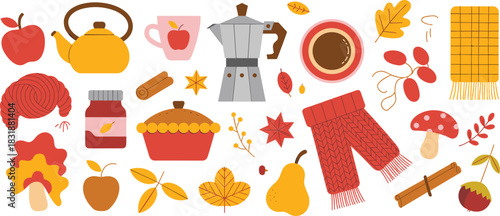 Autumn season cozy elements, fall leaves, warm drinks, food, scarf, pie, mushrooms, nature illustration