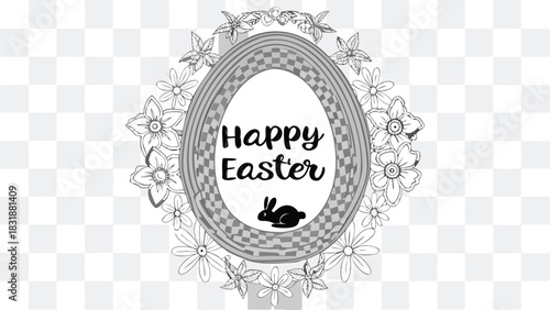 Elegant black and white illustration of a decorative easter egg frame adorned with delicate floral elements and a silhouette of a bunny conveying a festive and artistic holiday greeting