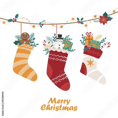 Vector Christmas card with a garland of socks, gifts, candies and twigs. Perfect for Christmas cards, posters.
