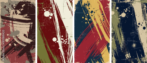 Four abstract grunge art panels with expressive brushstrokes and paint splatters in various distressed color schemes.