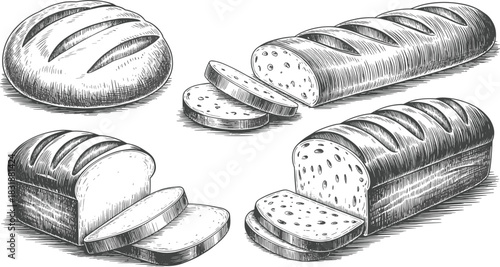 Hand drawn vintage sketch collection of bakery bread loaves, including baguette, sliced toast, and sourdough.