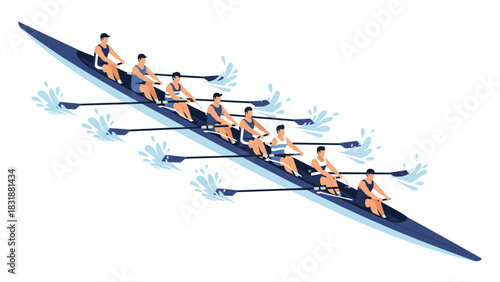 Dynamic rowing team gliding across the water with synchronized paddles and splashing water, teamwork and determination in competitive sport