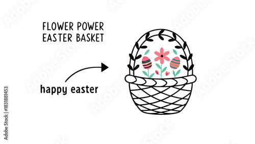 Happy easter flower power basket with colorful decorated eggs and blooming flowers on a white background perfect for spring celebrations and holiday greetings