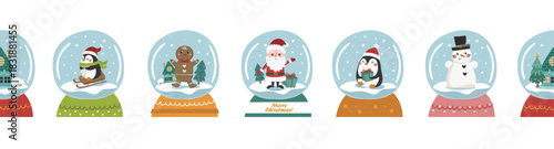 Vector horizontal Christmas border with snow globes. Perfect for holiday decorating websites, cards, and banners