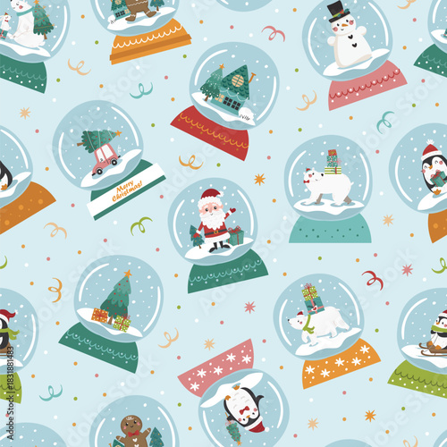 Vector seamless pattern with Christmas snow globes. Perfect for Christmas paper, fabric and gift designs