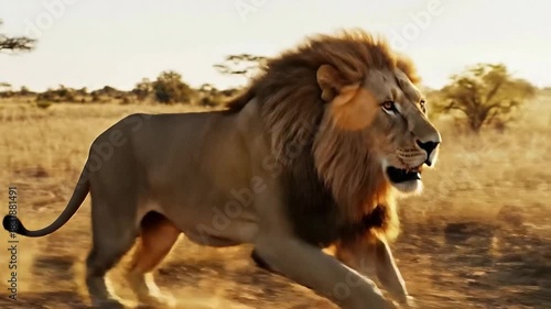 Wallpaper Mural Majestic male lion running through African savanna at sunset Torontodigital.ca