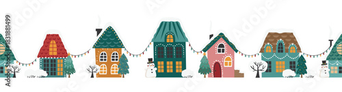 Vector horizontal Christmas border with houses. Perfect for holiday decorating websites, cards, and banners