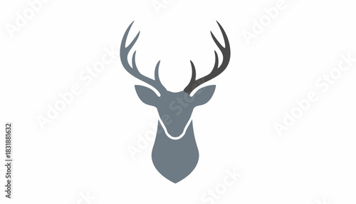 Stylized gray deer head with antlers on a white background, minimalist design.