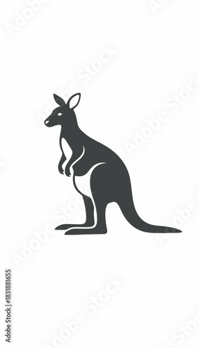 A simple silhouette of a kangaroo standing upright on a white background.
