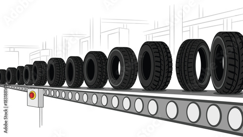 Modern tire manufacturing process with conveyor belt in industrial factory for automotive industry, showcasing production and automation technology