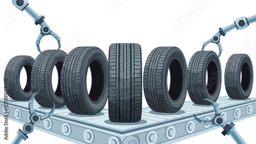 Automated tire manufacturing process on a futuristic conveyor belt with robotic arms for quality control and streamlined efficiency