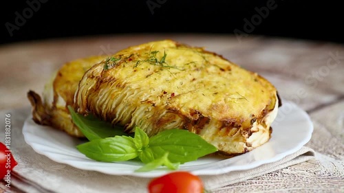 Rustic homemade baked cabbage with crispy egg crust
