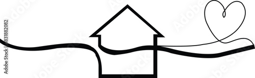 House continuous one line drawing of house icon Isolated on white background vector illustration and a unique heart 
