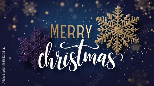 Merry christmas greeting with golden snowflakes and bokeh on blue background