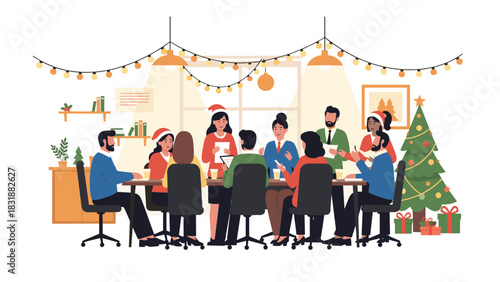 Festive team celebrates holiday season together at office meeting with cheerful Christmas decorations and gifts, fostering collaboration and joy