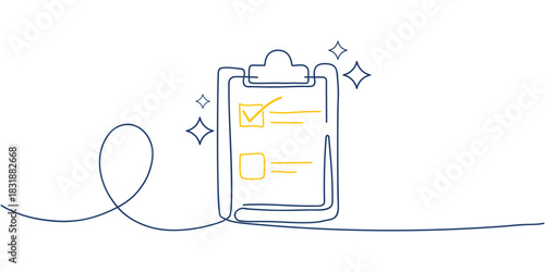 Minimalist checklist icon with clipboard and decorative line art, showing completed and pending tasks in a clean outline illustration style