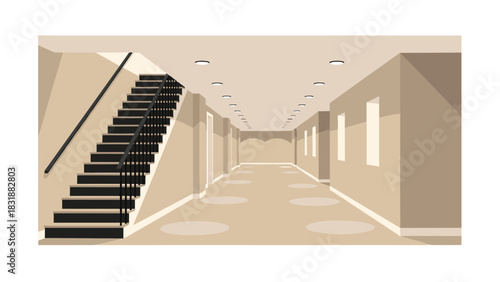 Modern interior hallway with staircase, inviting design for real estate presentations or architectural concept visualizations, clean neutral palette