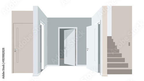 Stylish interior design showcasing modern doors and staircase in bright hallway for elegant home or office building entrance, interior design concept
