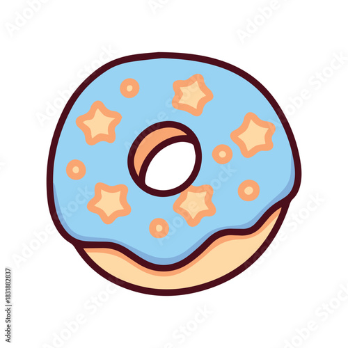 A round donut covered in blue glaze and decorated with yellow sugar stars. A magical and sweet fried dough pastry, appealing to kids and party lovers.