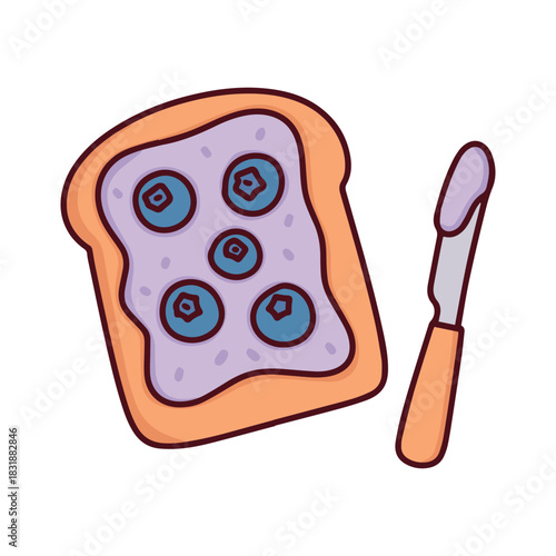 A slice of toasted bread covered in purple blueberry jam with a knife nearby. A delicious sweet breakfast snack with berry jelly spread on toast.
