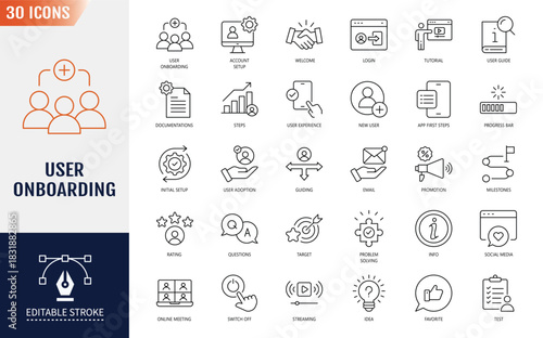 User onboarding icon set. welcome, sign up, user guide, tutorial, UX, login and more . Editable stroke. Vector illustration