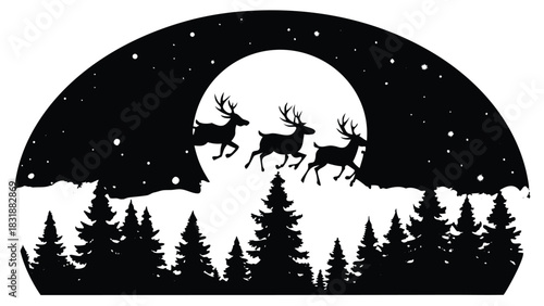 Santa Claus flying in his sleigh, pulled by reindeer, across a starry night sky..eps