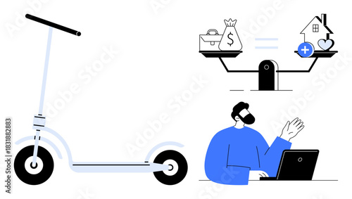 Urban mobility. Urban mobility highlighted by an electric scooter, financial stability by balance scales, and remote work with a laptop. For innovation, modern lifestyles balance, remote work