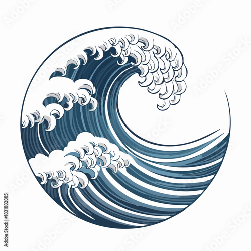 Stylized Illustration of a Cresting Ocean Wave in Circular Frame