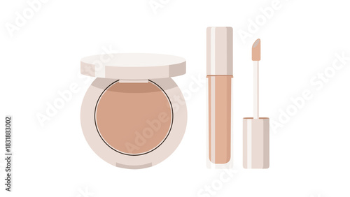 Elegant powder and lip gloss for a flawless makeup look in a minimalist style perfect for beauty product promotions and cosmetic brands