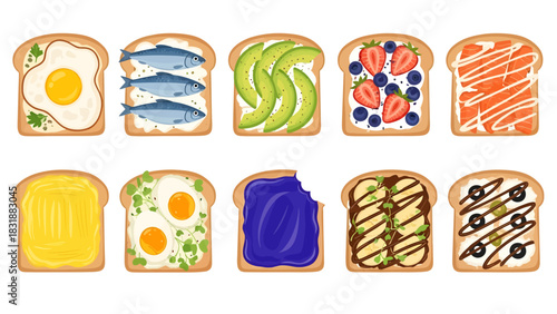 This colorful illustration features a grid of ten toast slices topped with diverse ingredients, ranging from savory eggs and fish to sweet jams and fruit