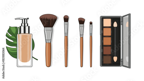 Cosmetics collection featuring brushes, foundation, and eyeshadow palette for professional makeup application and enhancing natural beauty