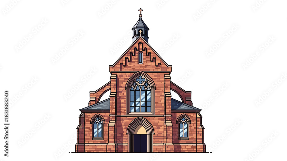 Obraz premium Stunning brick church with arched windows and a cross atop its spire, perfect for religious projects or architectural designs