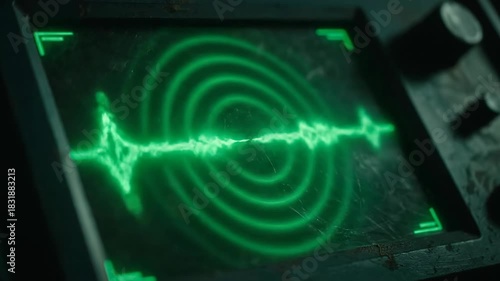 Retro monitor displaying circular waveform graphic in green hue