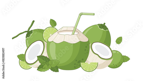 Refreshing green coconuts and limes for tropical summer vibes, perfect for healthy lifestyle campaigns and vibrant food illustrations