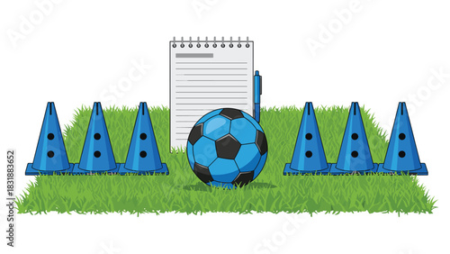 Plan your soccer training with a ball, cones, notebook, and pen on the green grass for peak performance and professional results