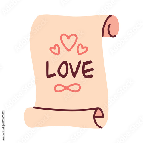 An opened paper scroll featuring the word Love and drawn hearts. Vintage manuscript design element for romantic messages and Valentine declarations.