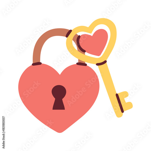 A red heart-shaped lock paired with a golden key. Symbol of eternal love and fidelity for Valentine's Day designs and romantic secrets.