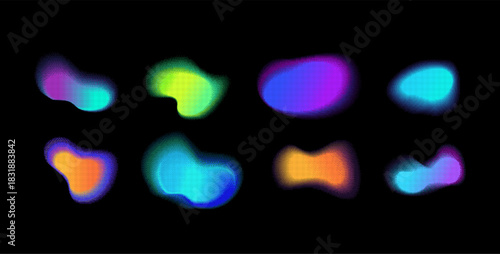 A set of abstract pixelated blurry spots with bright neon colors, 8-bit.