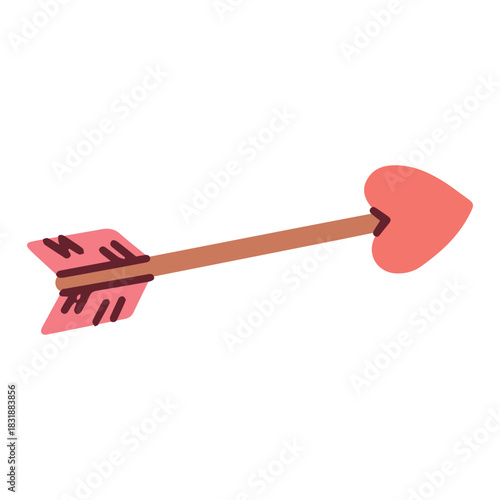 A wooden arrow with a heart point flying through the air. Romantic weapon symbol for Cupid and falling in love on Valentine's Day.