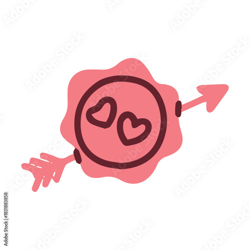 A pink wax seal stamp imprinted with two hearts and pierced by an arrow. Decorative element for sealing love letters and wedding invitations.