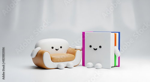 Cute book character and armchair friend smiling sweetly