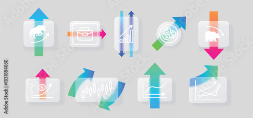 Business growth graphic arrow vector set, chart line, round and candlestick graph glassmorphism effect glass blur button