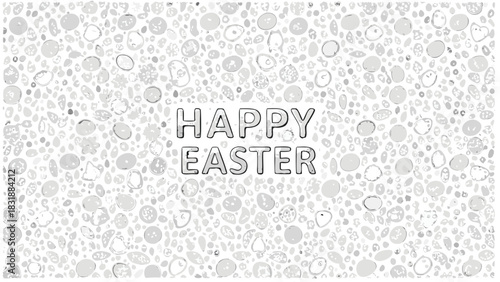 Happy easter greeting card with a festive background of abstract organic shapes and patterns in shades of gray and white